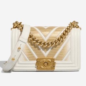 Chanel purse Boy Small Lizard / Lamb Gold / White